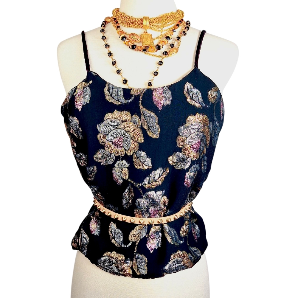 Vintage 80s Metallic Floral Tank Top Womens Medium Fairy Whimsigoth Boho Disco